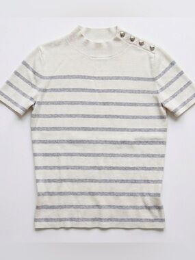 Talbots Striped Metallic Ivory Preppy Mockneck Short Sleeve Sweater - Sz M